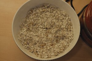 Finely chopped dates mixed with granola mixture.