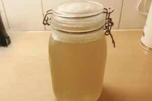 Chicken stock in an airtight container.