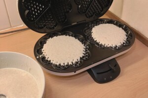 Batter poured into the pre-heated waffle iron.