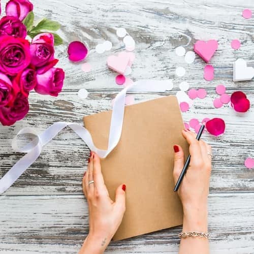 A close-up of hands with red nail polish holding a notebook and pen on a table, accompanied by pink roses on the left and a white ribbon nearby.