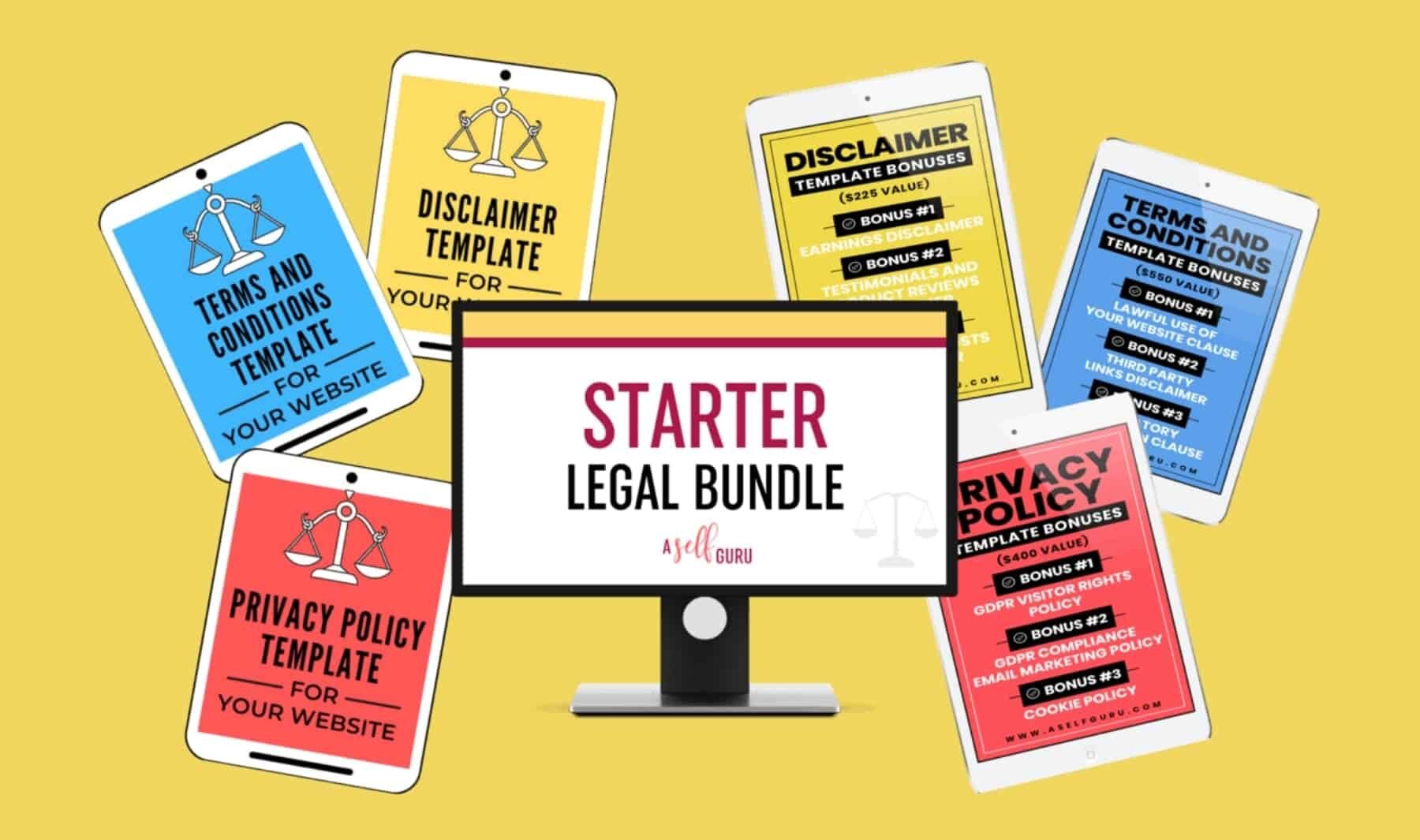 An image of the Starter Legal Bundle by Amira with legal templates Privacy Policy, Terms and Conditions, and Disclaimer against a yellow background.