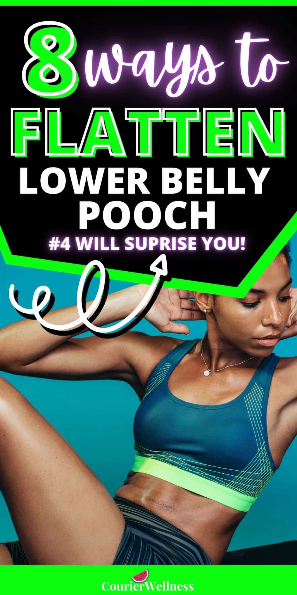 A woman doing ab crunches to get rid of lower belly pooch and tone her midsection.