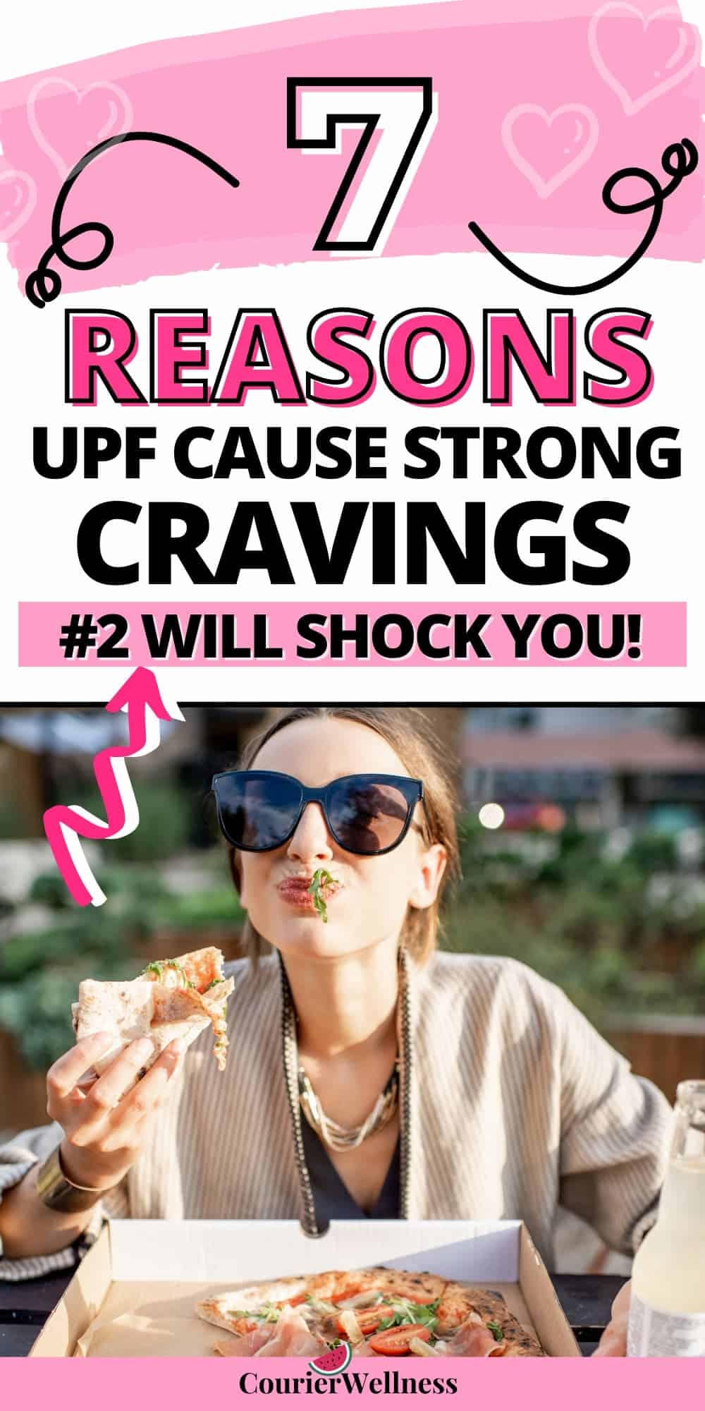 A young woman with cravings for ultra-processed food enjoying a pizza while sitting outdoors in a park.