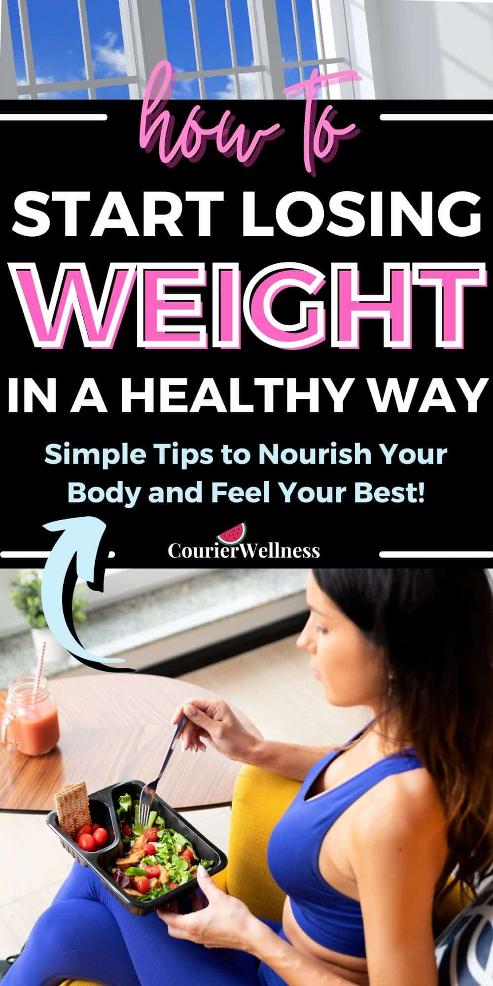 A fit woman in blue workout clothes sits down to enjoy a healthy, nutritious lunch by the window.