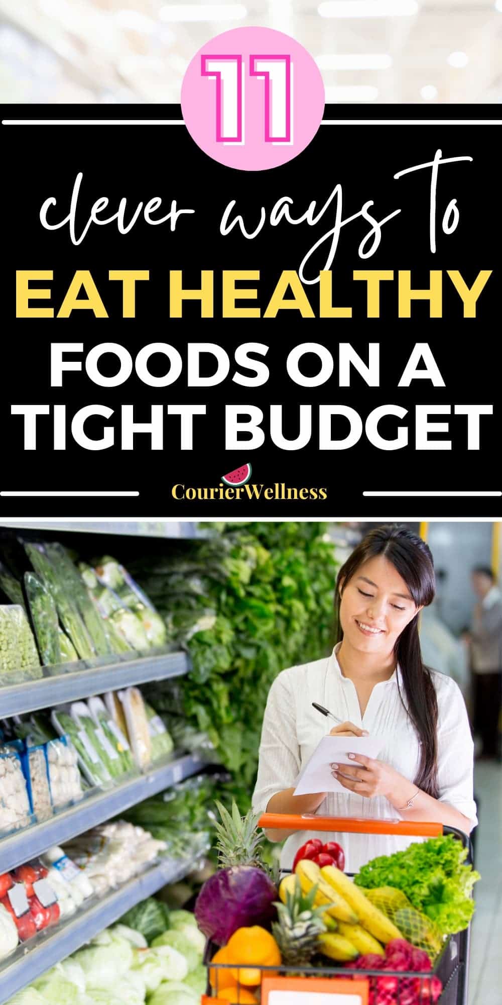 A woman with a grocery list, checking off items, confidently learning how to eat healthy foods on a budget.