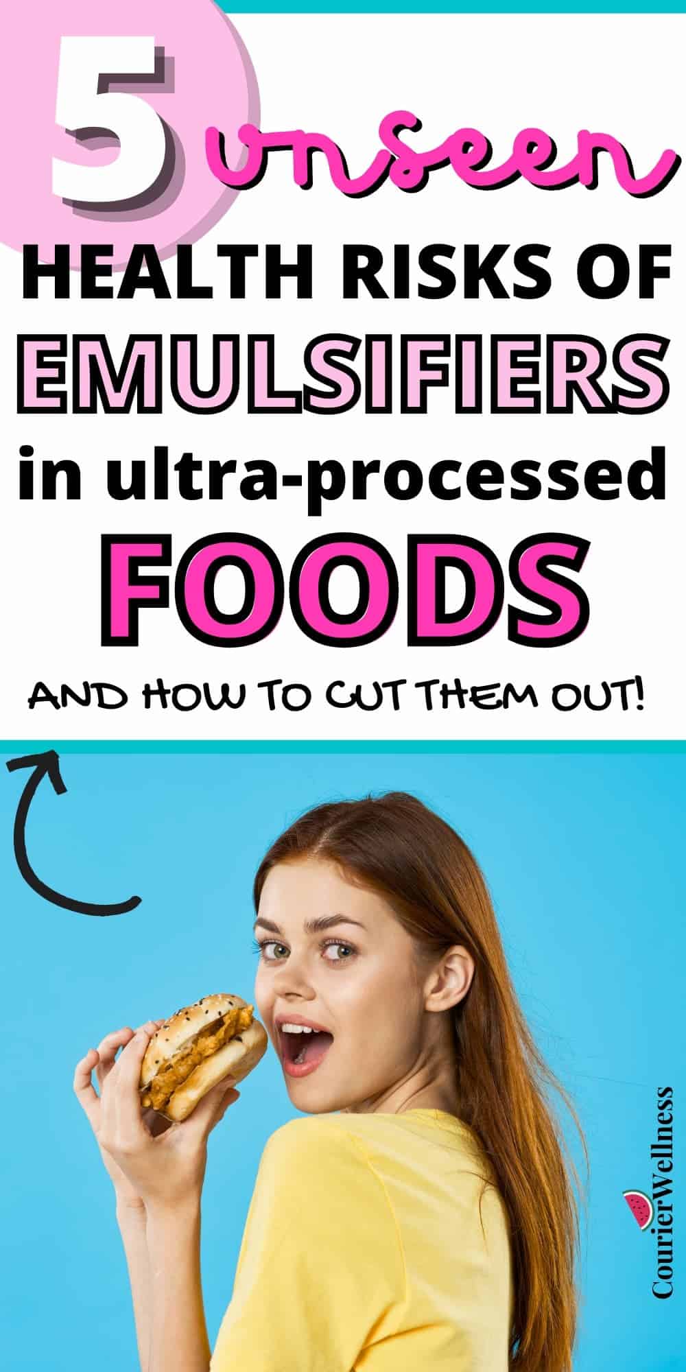 A woman eating a chicken burger against a blue background, unaware that her food contains emulsifiers.