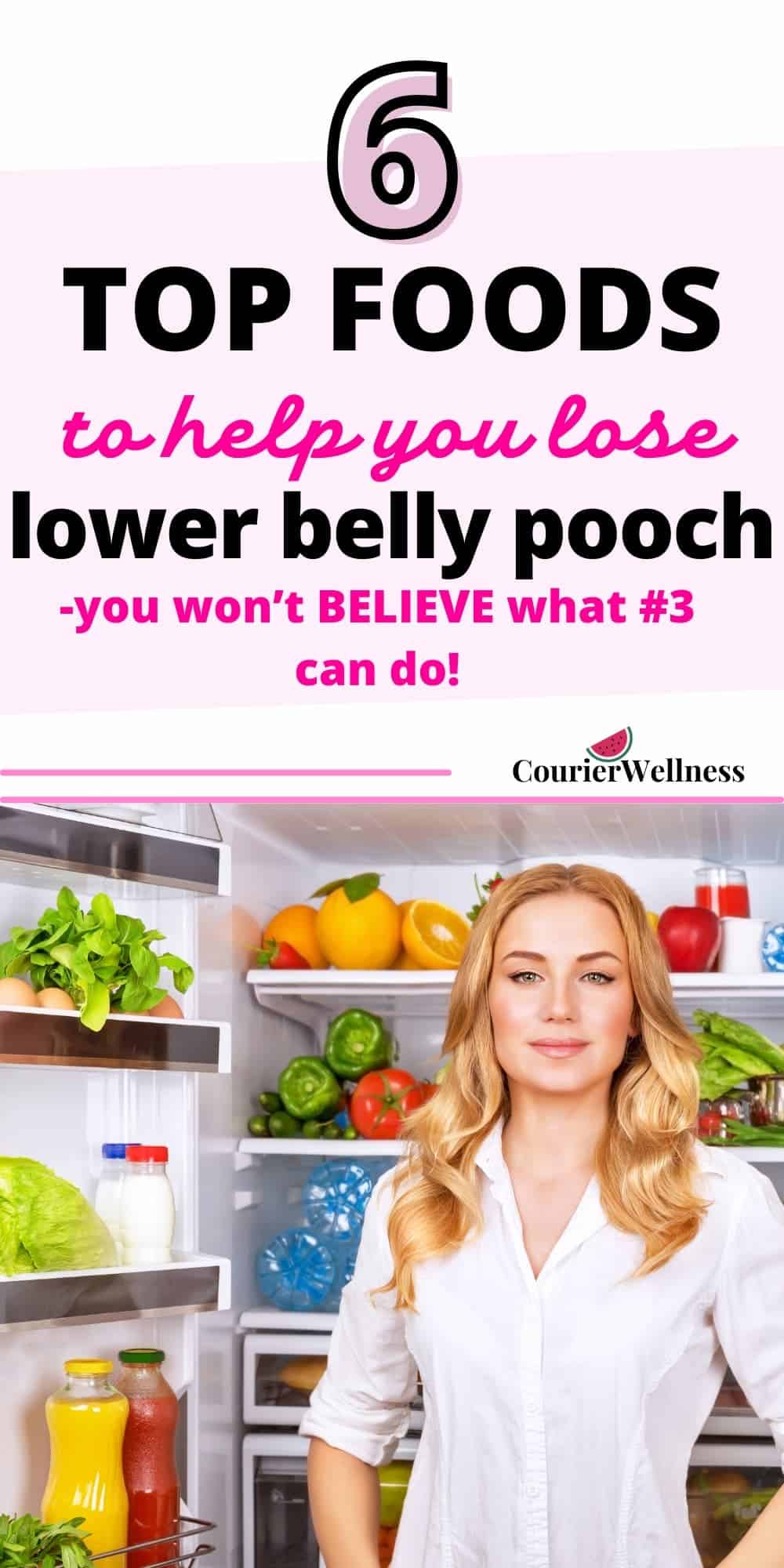 A healthy woman standing confidently in front of an open fridge stocked with nutritious foods, knowing which foods are good for reducing lower belly pooch.