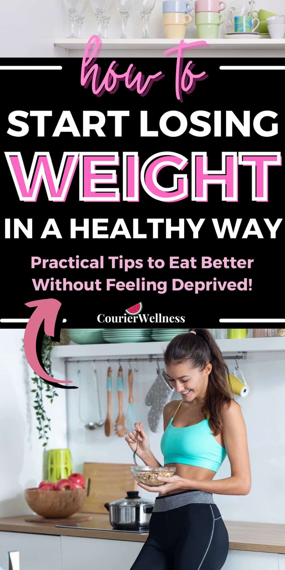 A healthy, toned woman in workout clothes stands in the kitchen, eating a nutritious breakfast, knowing that fueling her body is key to effective weight loss.
