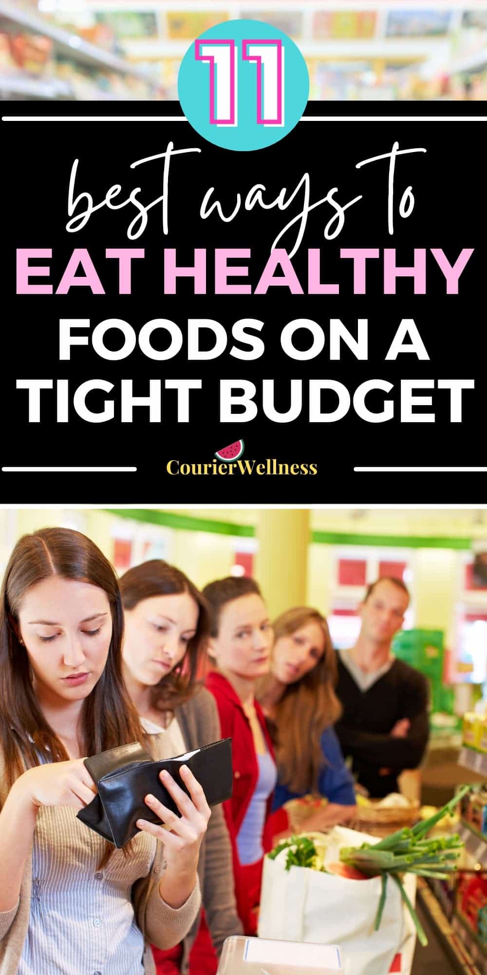 A woman searching for money in her wallet at the supermarket, unaware of how to eat healthy foods on a budget.