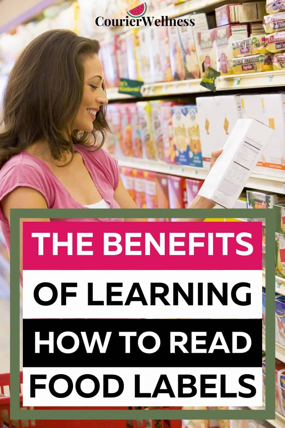 A woman at the grocery store checking the food label on a cereal box, confidently making healthy choices.