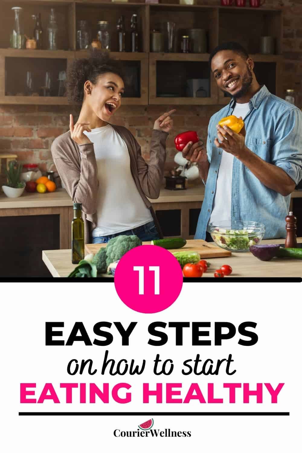 A happy couple prepares a colorful salad, a great example of how to start eating healthy with fresh veggies.