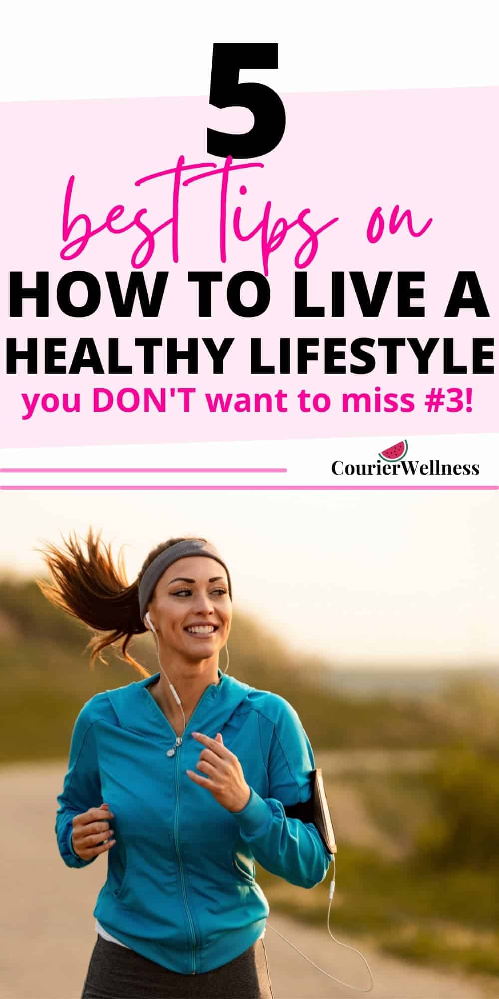 A woman in athletic wear runs outside with headphones and an armband, embracing fitness as part of a healthy lifestyle.