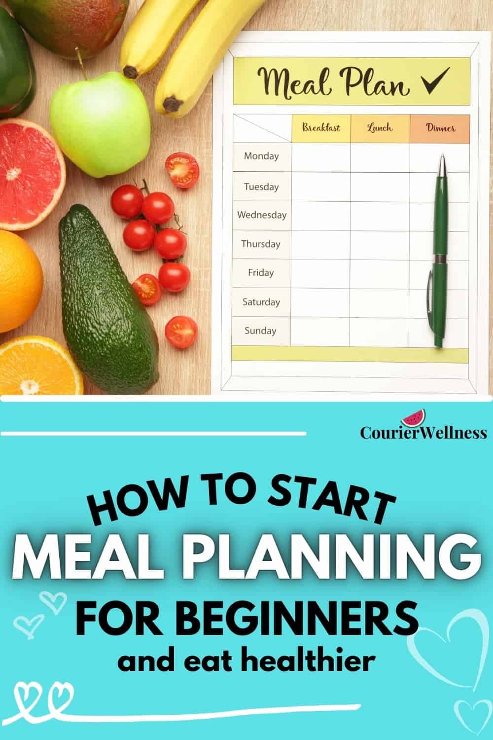 Healthy food and a meal plan on a wooden background, showcasing how to start meal planning for beginners.