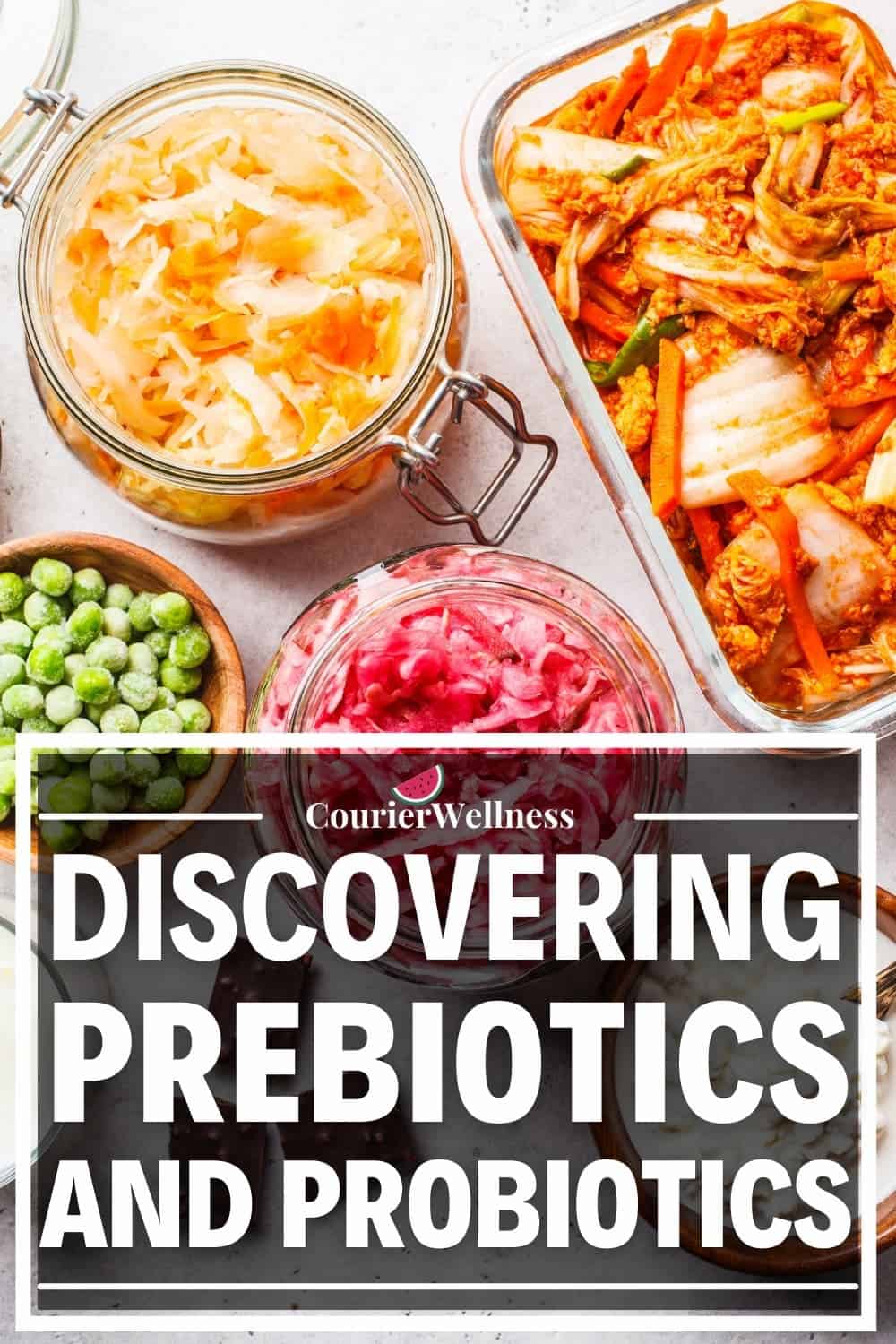A probiotic and prebiotic food concept featuring kimchi, sauerkraut, peas, and other gut-friendly foods.