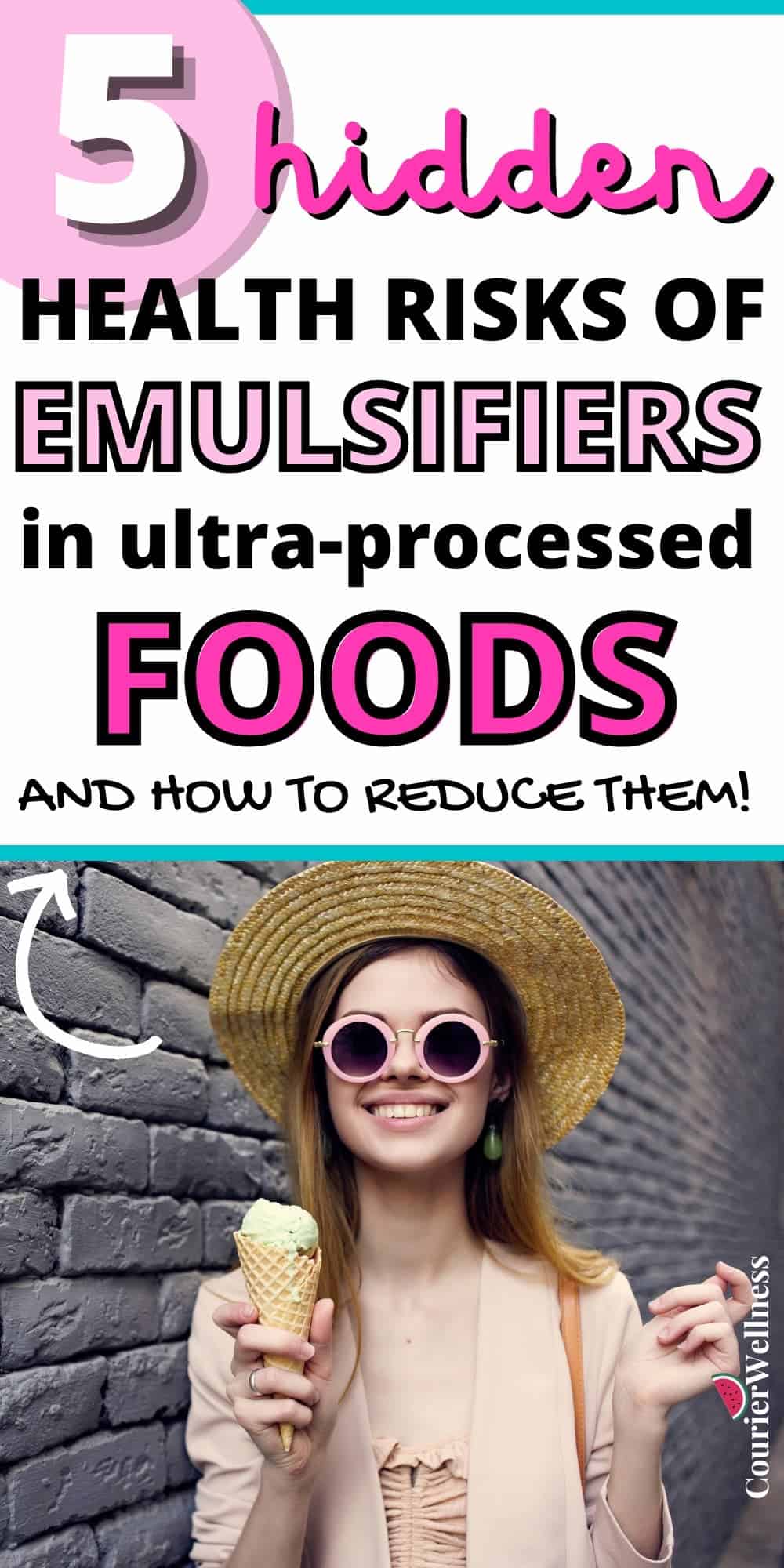 A young woman dressed in pink with a straw hat and pink sunglasses, enjoying an ice cream, unaware it contains emulsifiers.