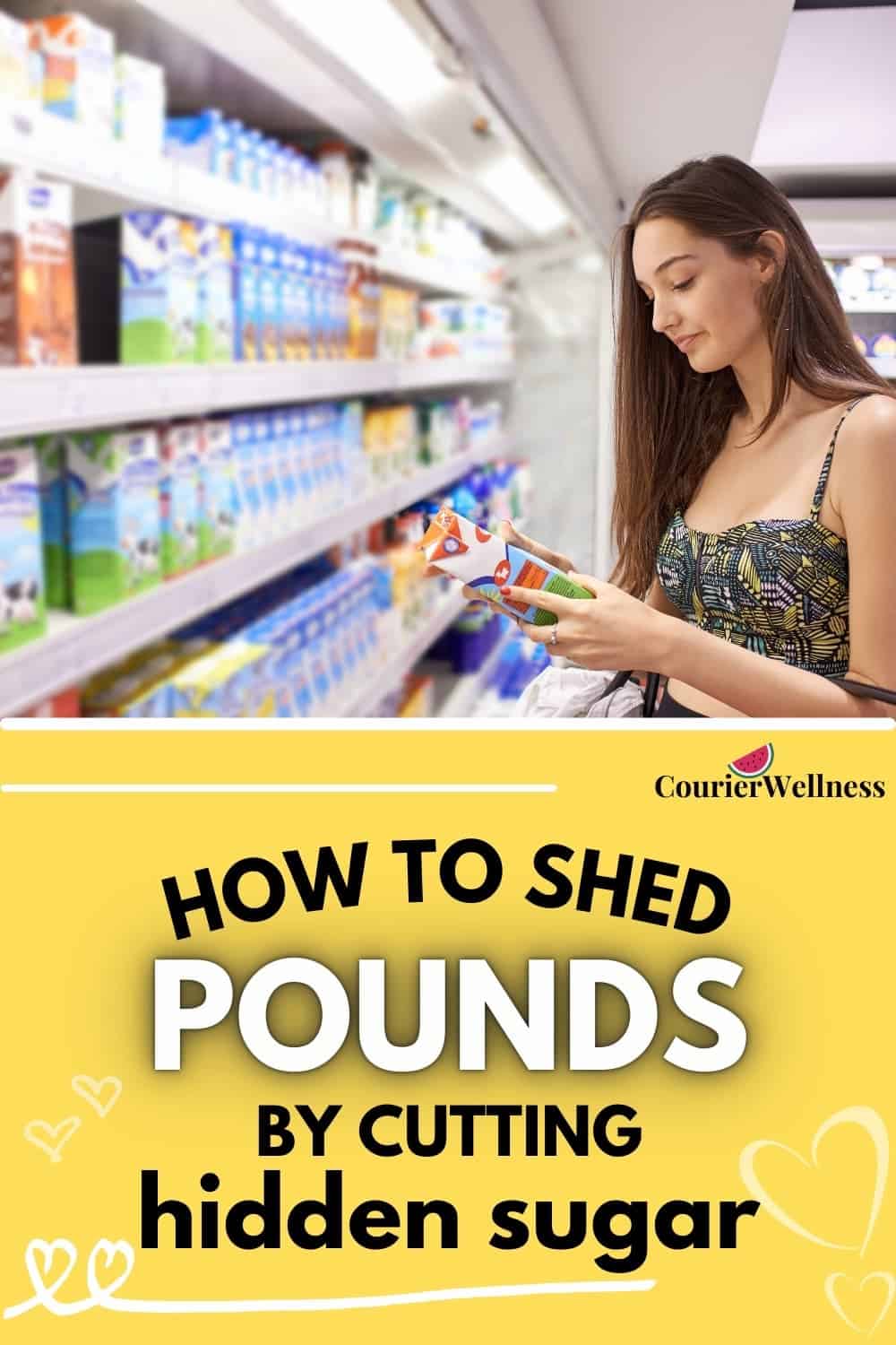 A young woman at the grocery store is carefully reading food labels to lose weight by identifying and removing hidden sugar from her diet.