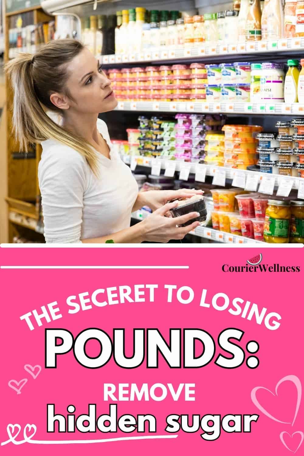 A woman is carefully scanning food items at the grocery store, making sure to avoid anything with hidden sugar so she can maintain her weight.
