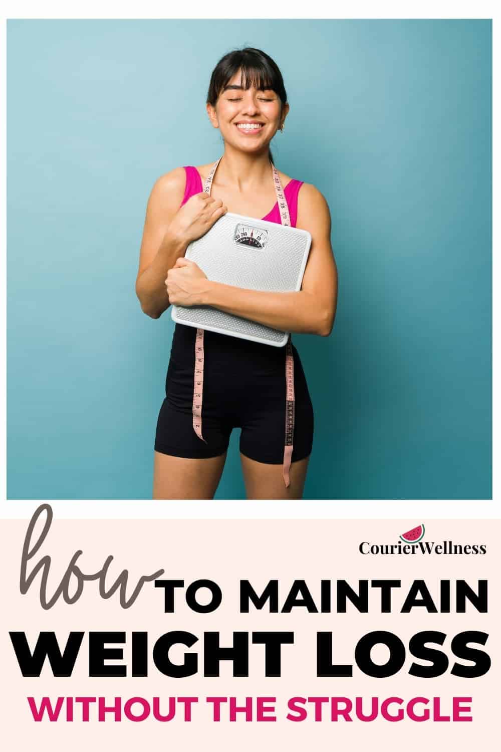 A woman with a tape measure around her neck, holding a scale and hugging it, expresses her joy at discovering an easy way to maintain weight loss.