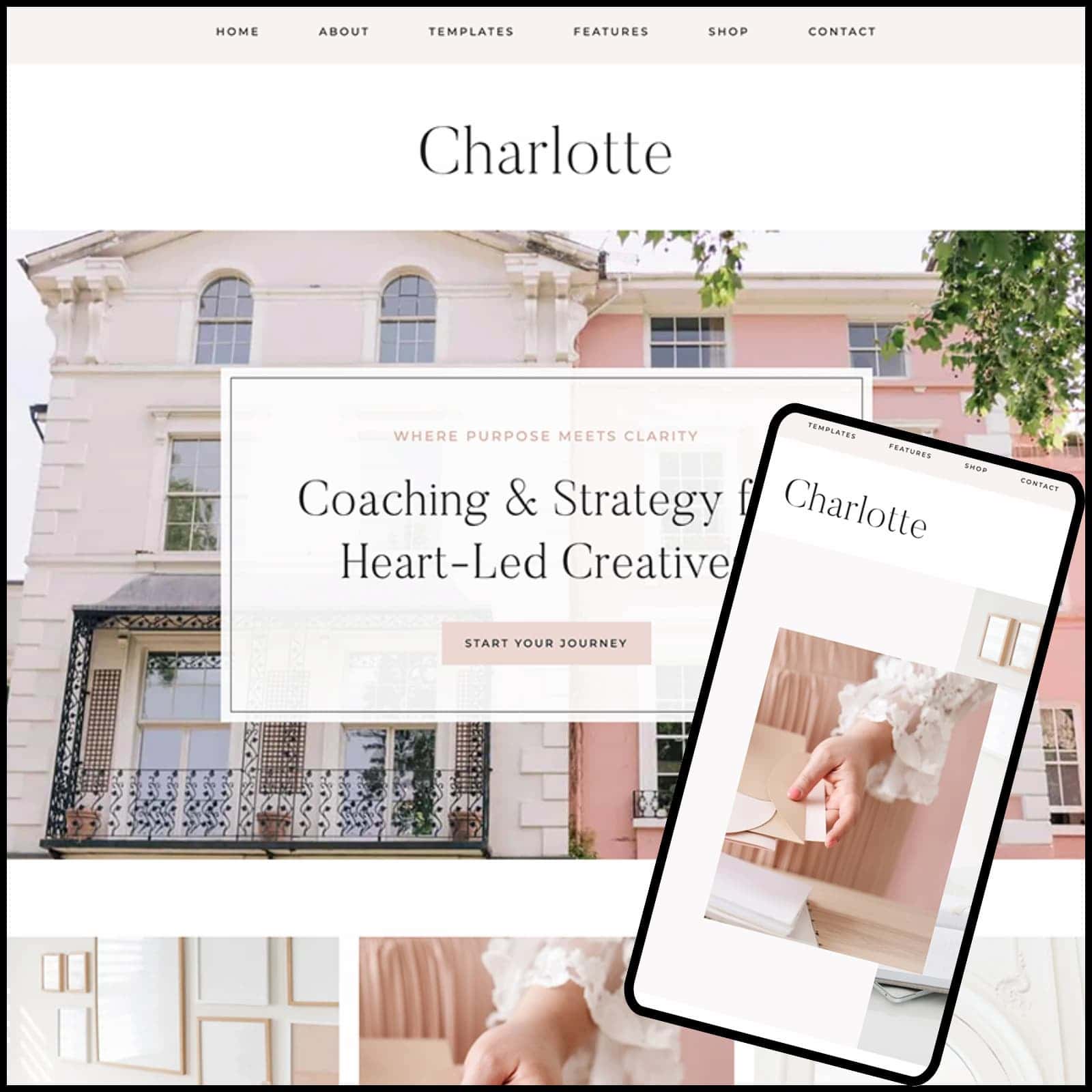 A cellphone and laptop display Charlotte, a premium WordPress theme from 17th Avenue Designs—showcasing its feminine, responsive design across devices.