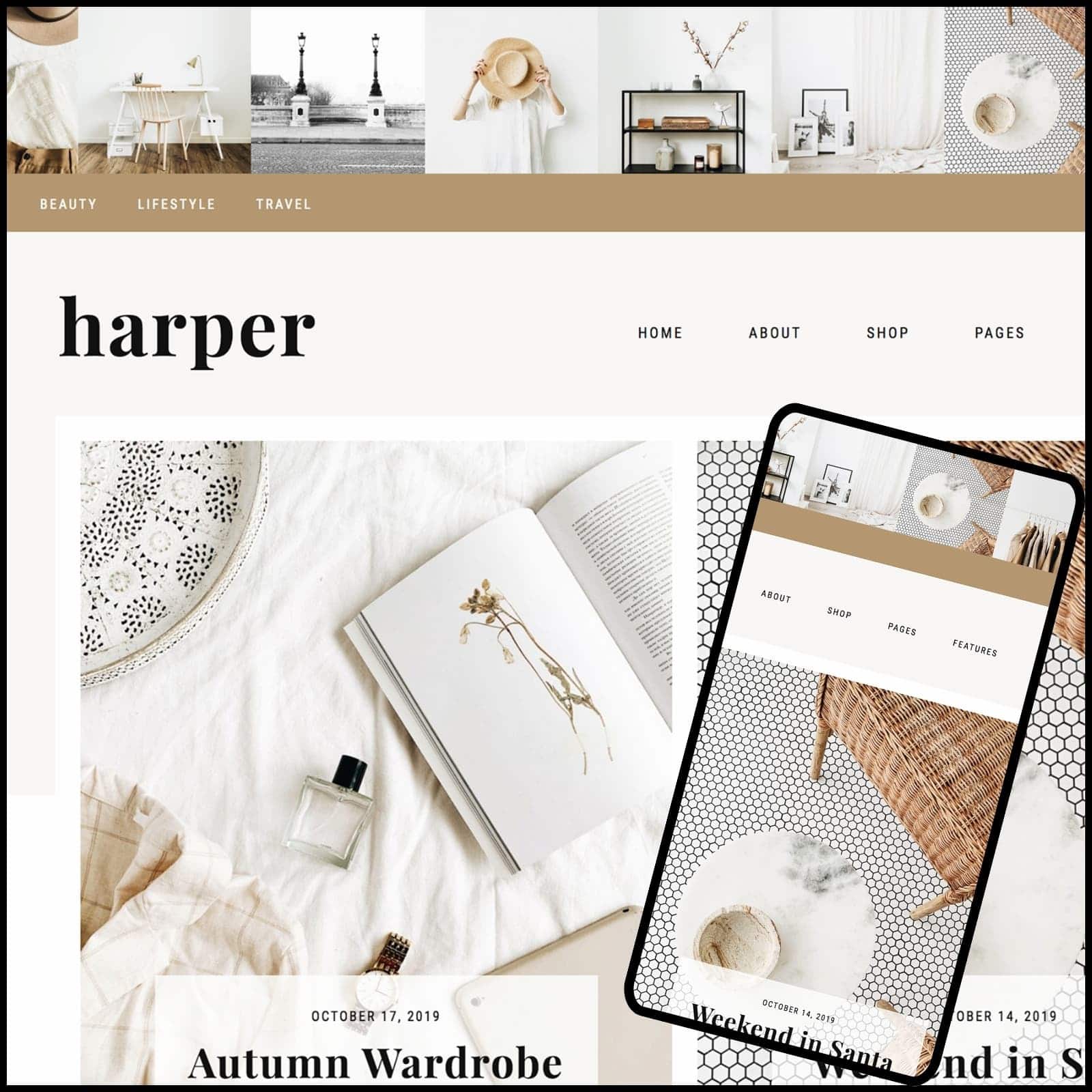 A cellphone and laptop display Harper, a premium WordPress theme from 17th Avenue Designs—showcasing its elegant, responsive design across devices.
