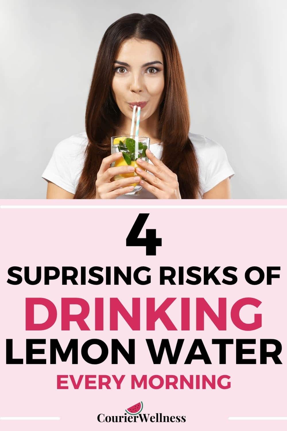 A woman drinking lemon water with mint and straws, showing how lemon water risks can increase if sipped frequently.