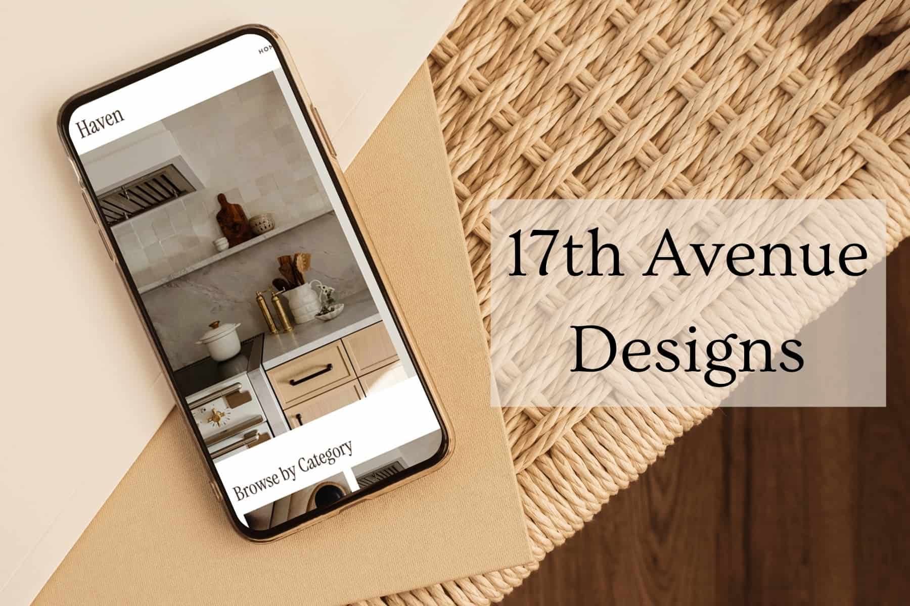 A cell phone displays the Haven Premium WordPress theme by 17th Avenue Designs, set against a soft light background—highlighting elegant and modern website design.