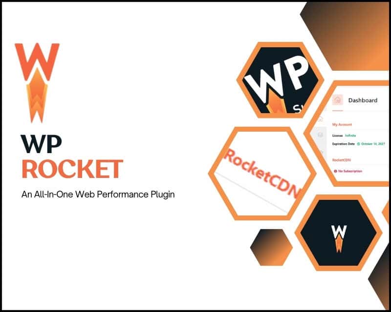 A Canva design of WP Rocket with logo and text that says "An All-In-One Web Performance Plugin".