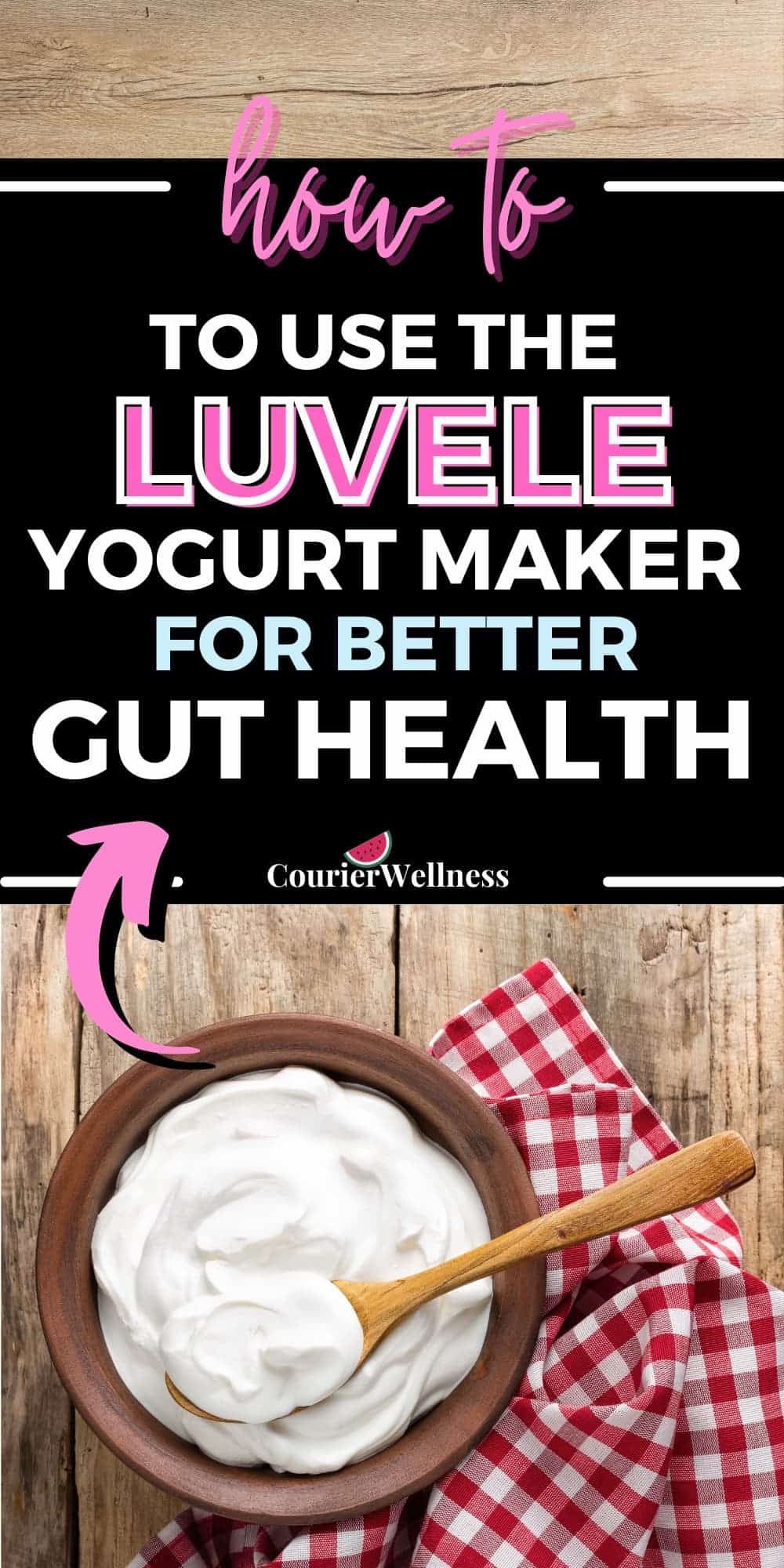 Home-made yogurt in a glass jar on a red and white cloth, placed on a wooden table — promoting gut health.