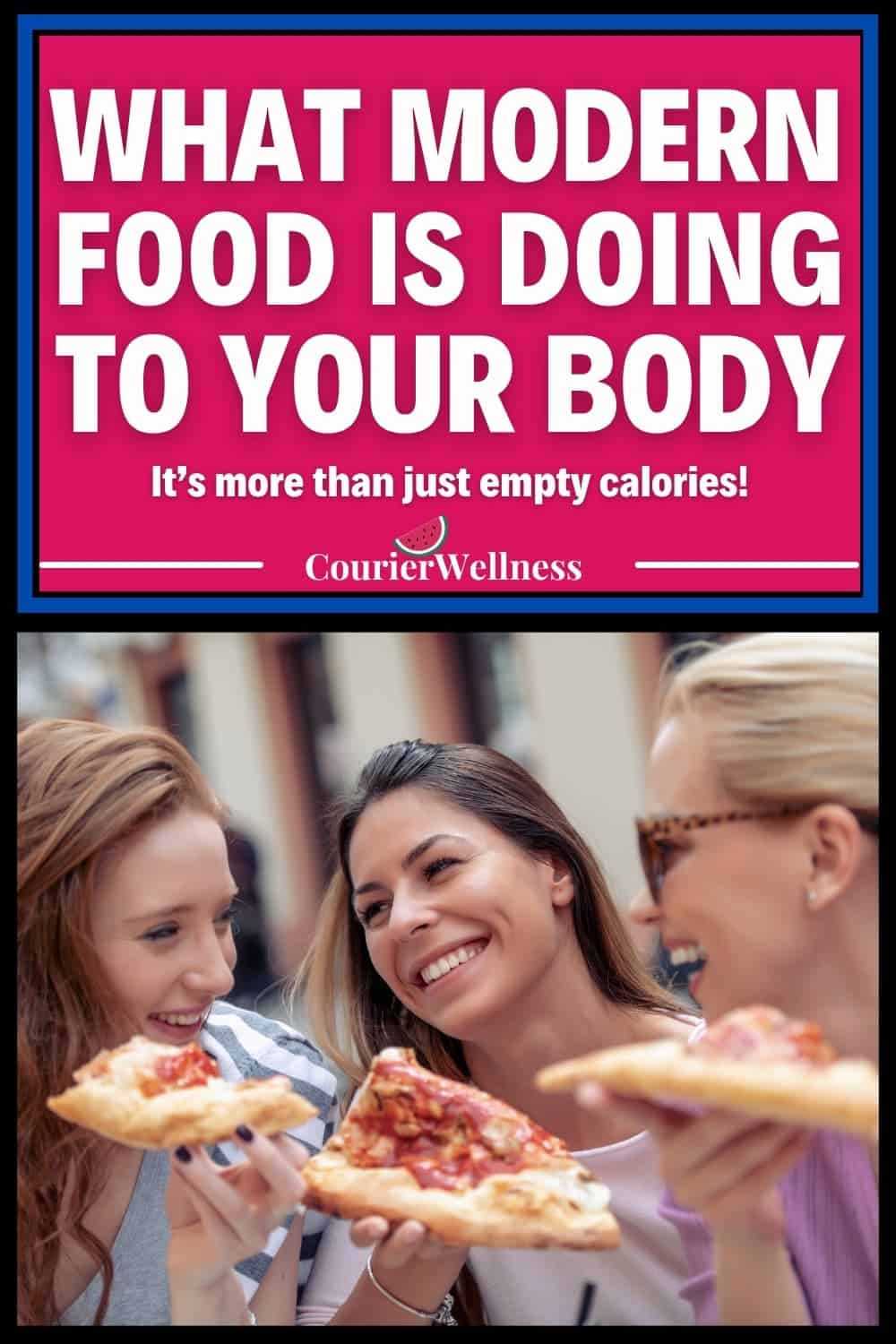 Three friends eating pizza outdoors, unaware of the potential health disadvantages of modern processed food.