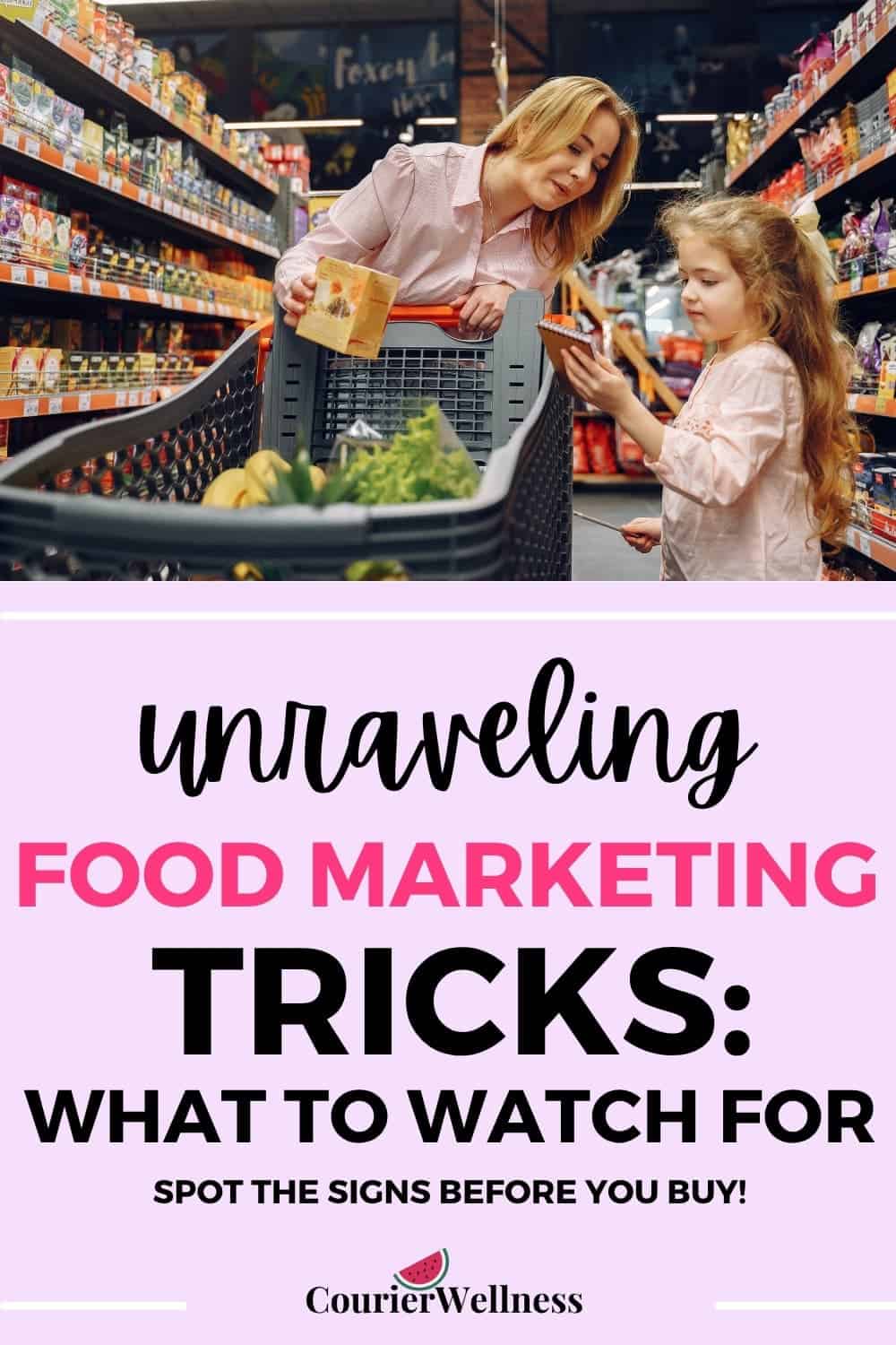 Mother and daughter grocery shopping, carefully choosing healthy products without falling for marketing tricks.