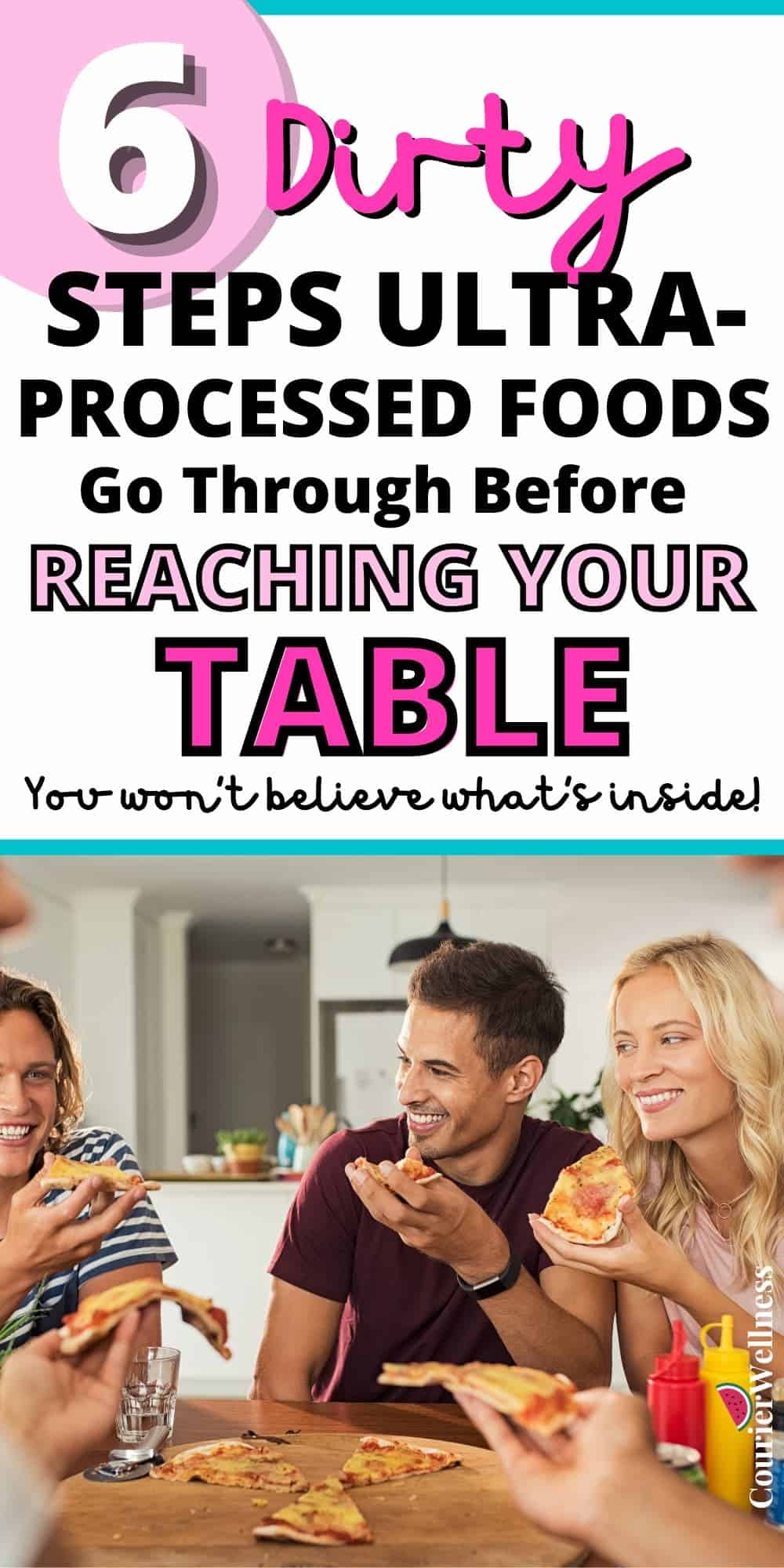Friends enjoying pizza at home, unaware of the unhealthy processing ultra-processed foods undergo before reaching their table.
