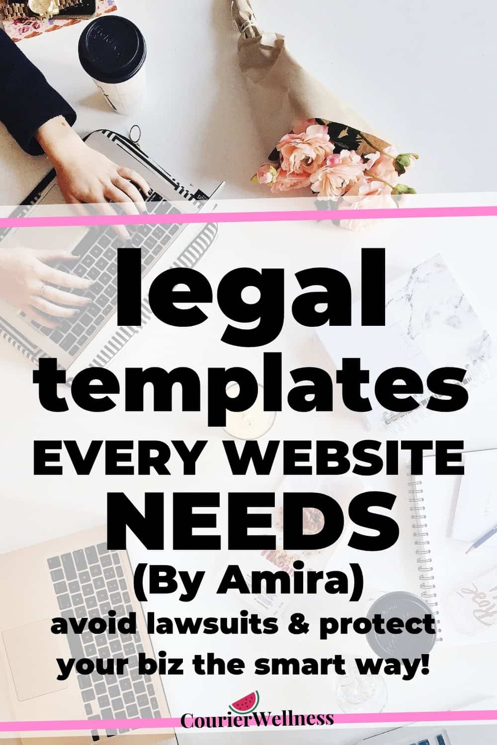Blogging concept featuring laptops on a white background, a woman typing, flowers, and notebooks — highlighting the importance of legal templates for bloggers.