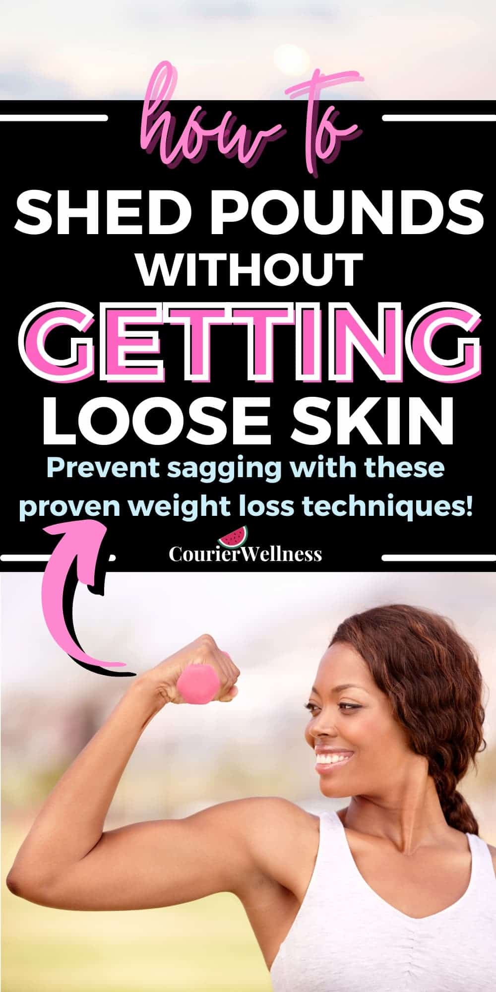 Toned woman holding a pink dumbbell, showcasing her defined arms and how to lose weight without loose skin.