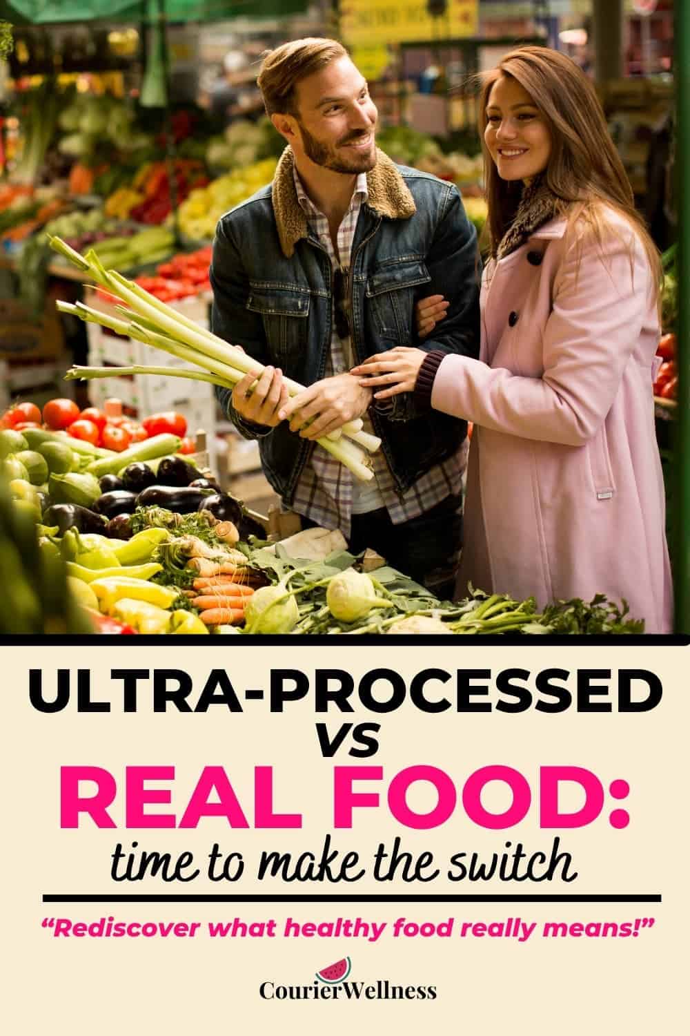 Couple at a food market happily selecting real, whole foods, aware of the health benefits over ultra-processed options.