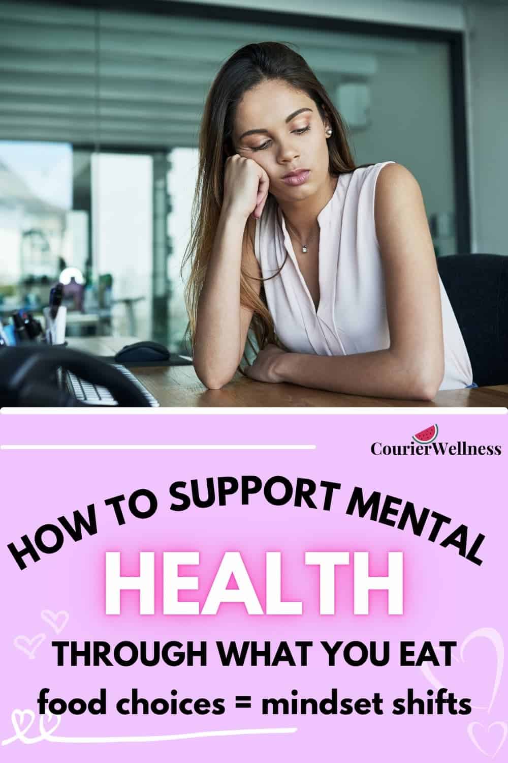 Young woman looking depressed at work, unaware of how ultra-processed food impacts her mental health.