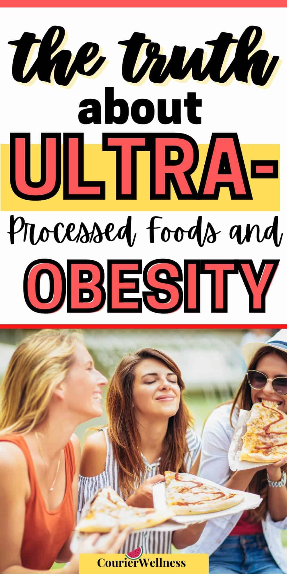 Three friends enjoying pizza outdoors, unaware of the link between ultra-processed foods and obesity.