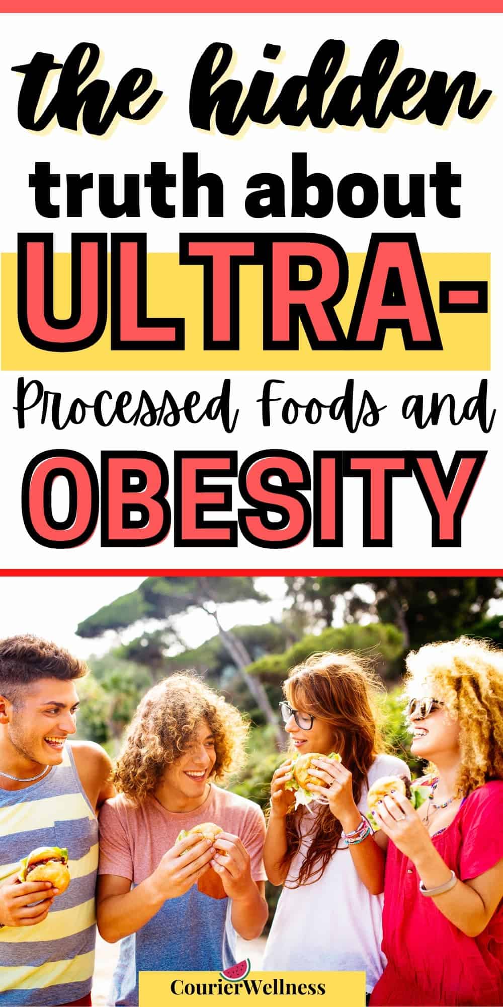 Four friends enjoying hamburgers outdoors on a sunny day, unaware that ultra-processed foods can contribute to obesity.