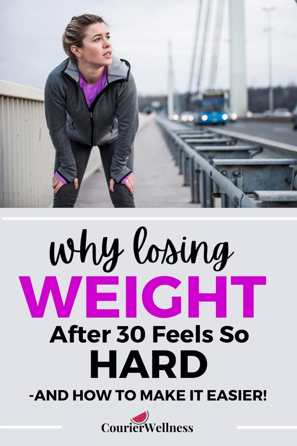 Woman in her 30s taking a break from jogging, feeling exhausted and unsure how to lose weight without it being so difficult.
