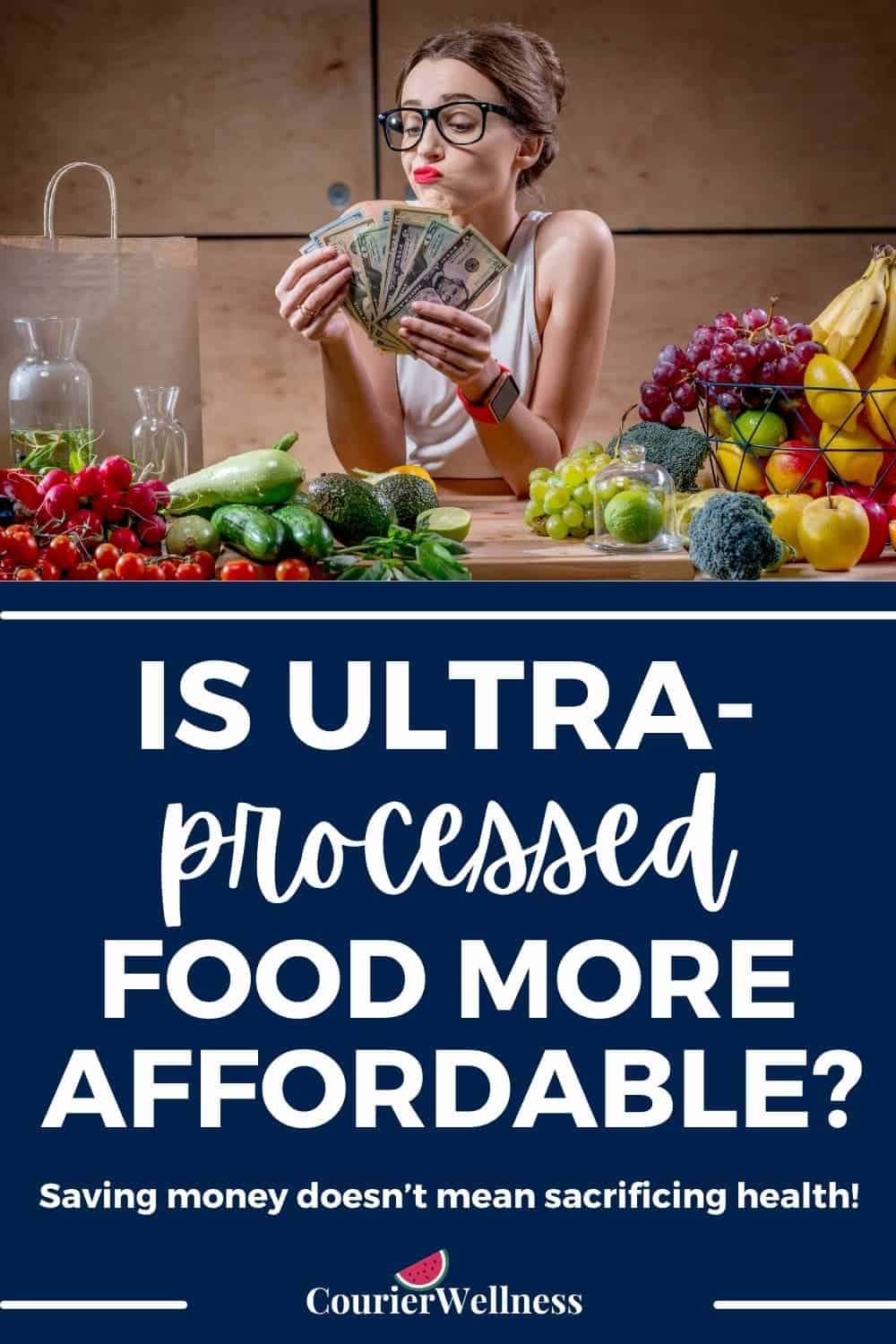 Frustrated woman holding cash near fresh produce, reflecting on why healthy food costs more than ultra-processed options.