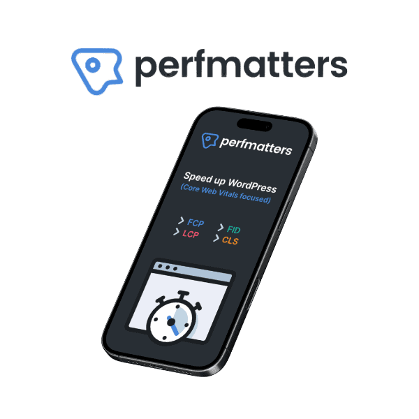 Perfmatters logo above a smartphone mockup showing a message about speeding up WordPress and improving Core Web Vitals like FCP, LCP, FID, and CLS.