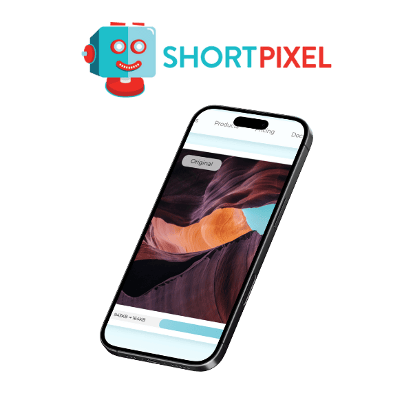 ShortPixel logo above a smartphone mockup showing an uncompressed image, illustrating how the plugin reduces image size to speed up WordPress sites without affecting visual quality.