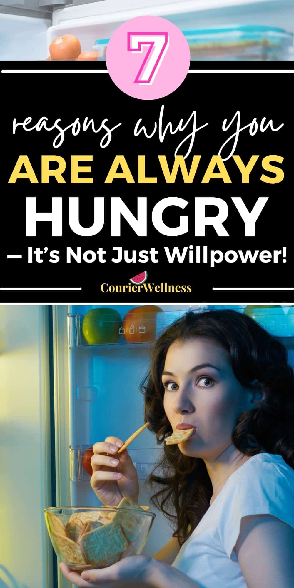 Woman eats crackers in front of an open fridge at night, wondering why she's always hungry.