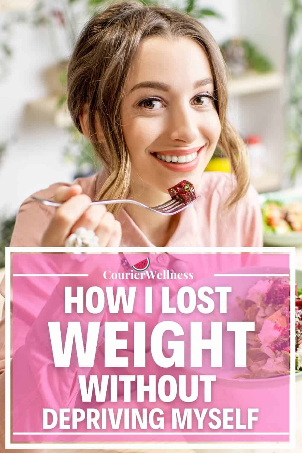 A woman eats healthy food without depriving herself, understanding the importance of losing weight without dieting.