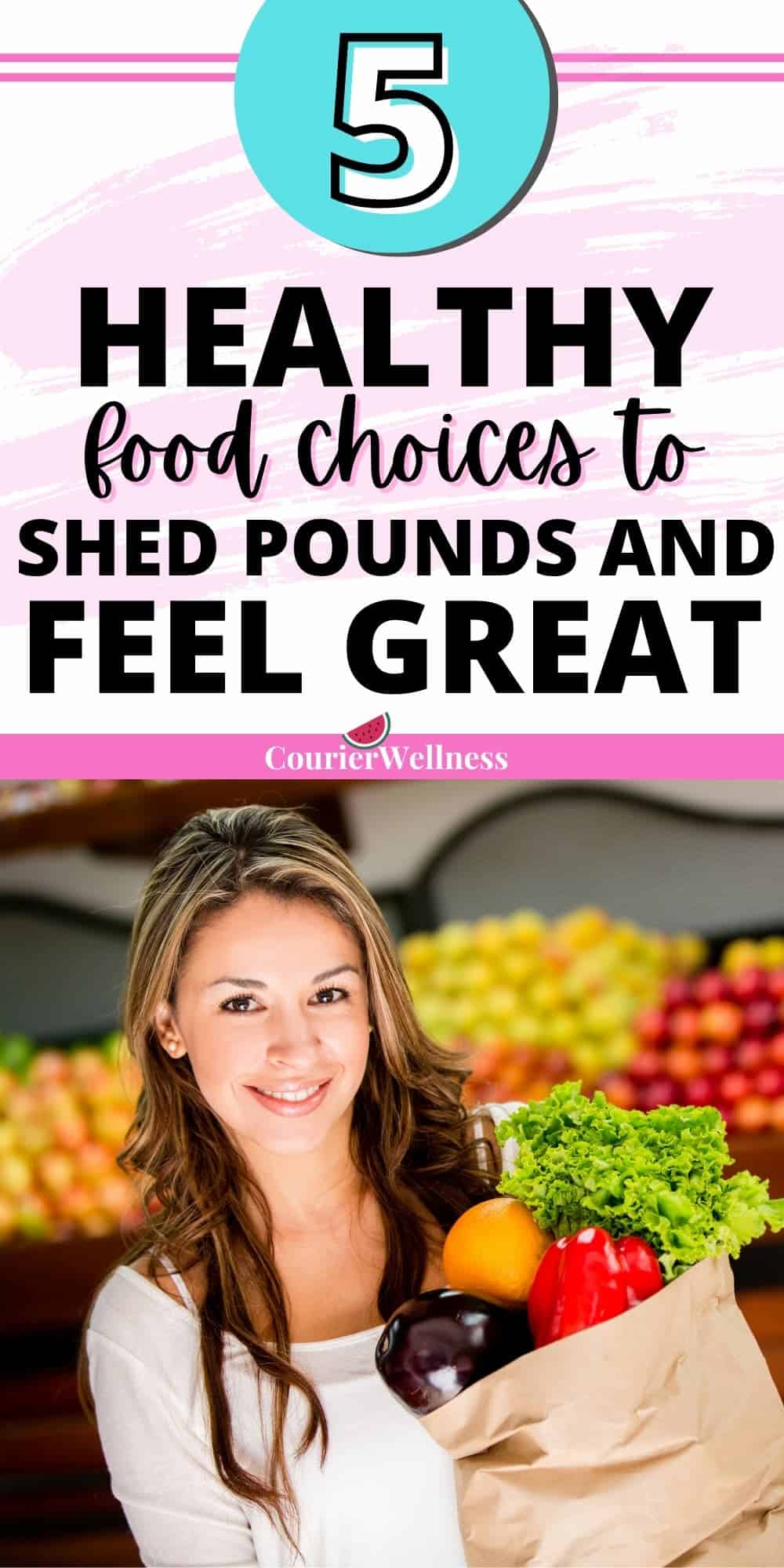 A woman stands in a grocery store with a cart full of fresh vegetables, showing she knows how to make healthy food choices.