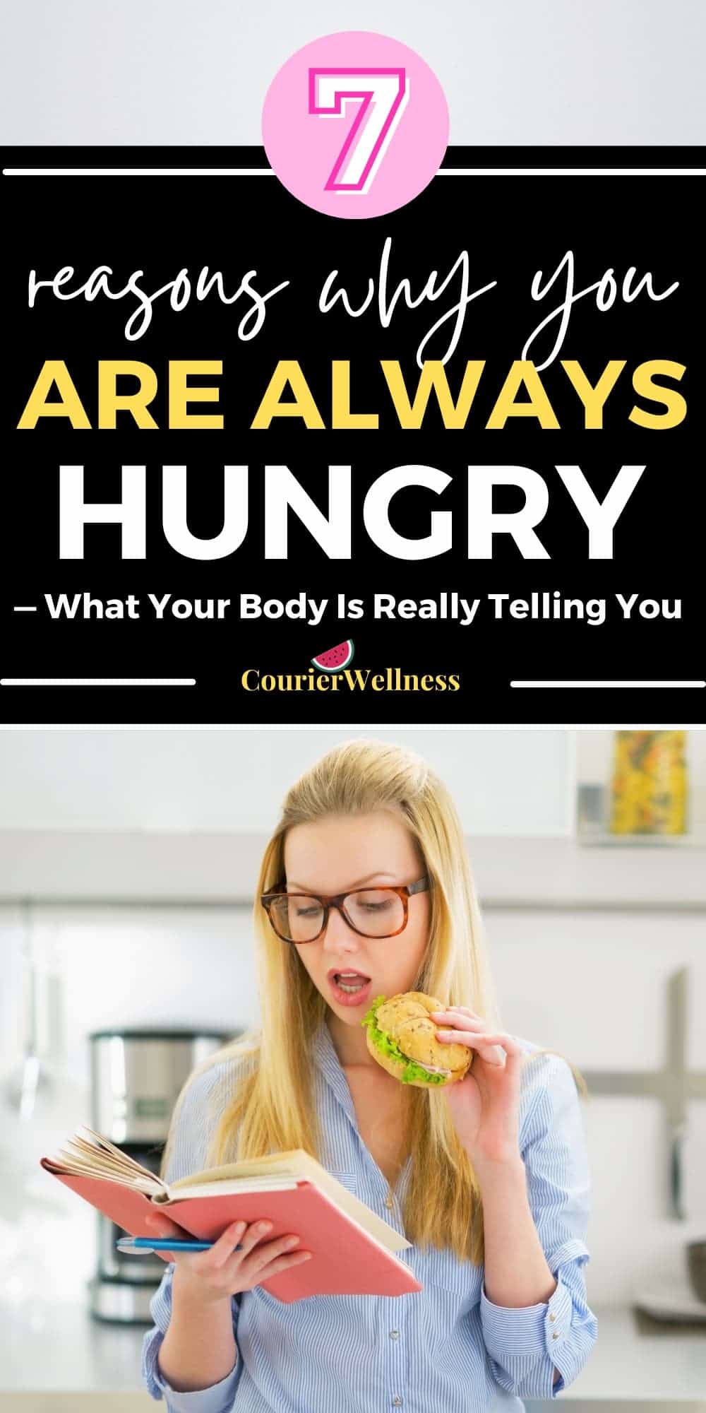 A woman in a blue shirt eats a burger absentmindedly while checking her notebook, wondering why she’s always hungry.