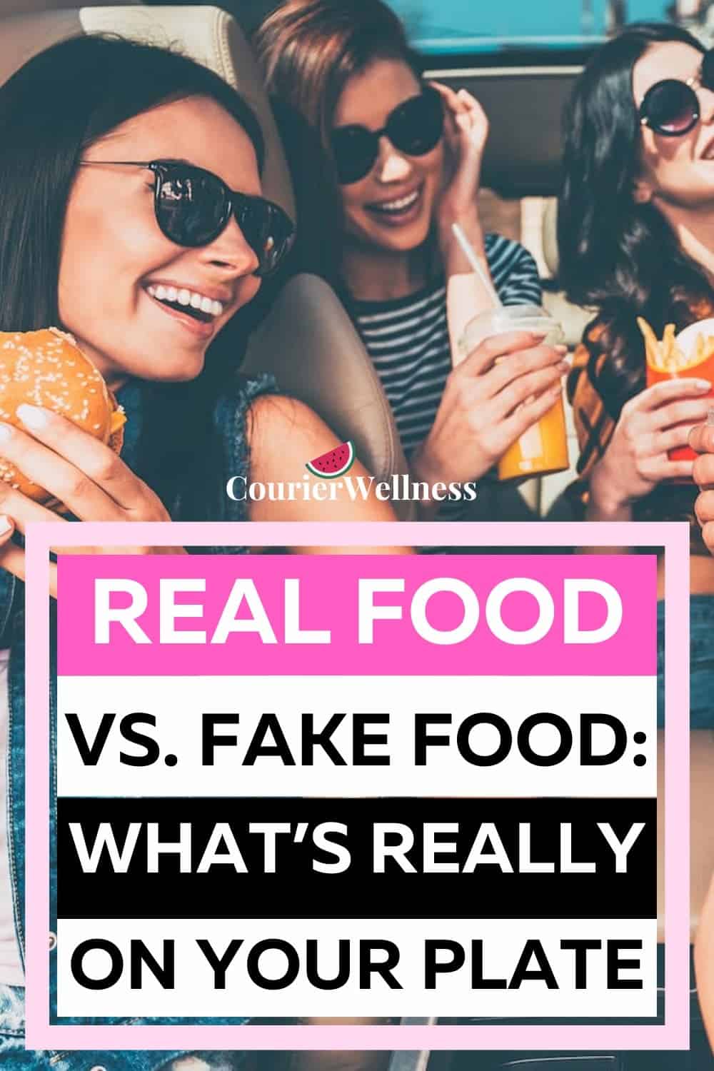 Friends eating junk food in a car, laughing, unaware they are not eating real food.
