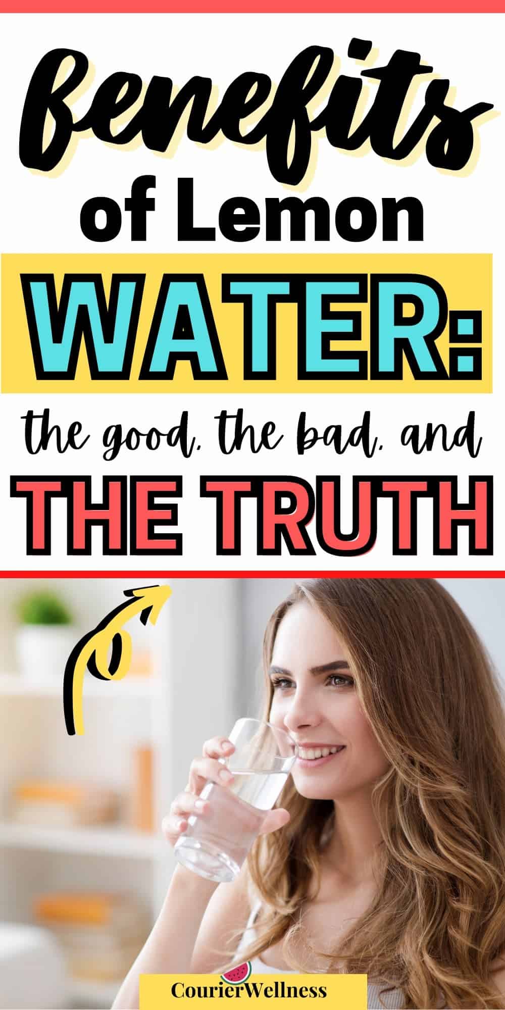 A woman drinks lemon water, believing there are only benefits and unaware of the potential negative effects.