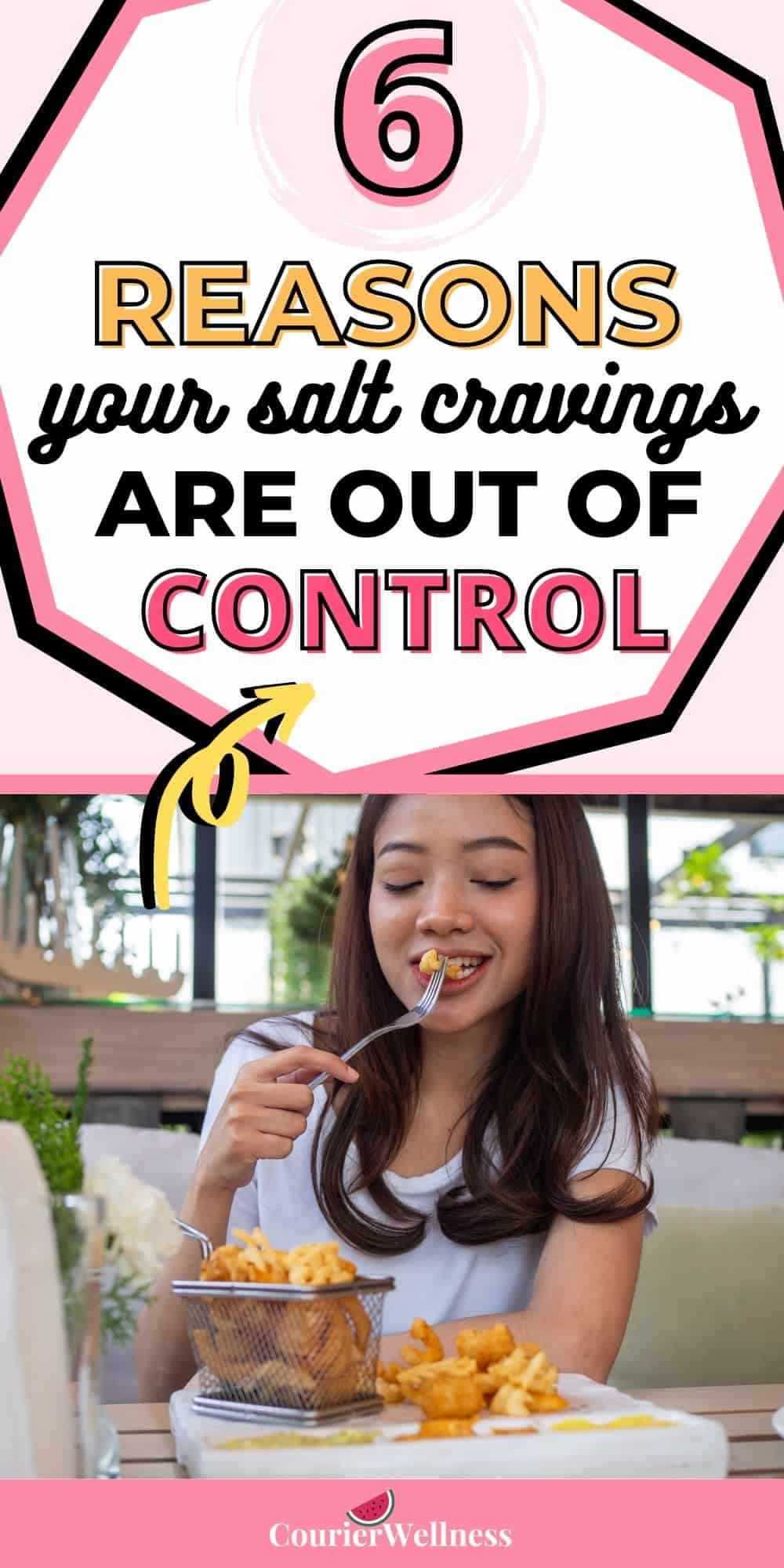 A young woman eats salty fried food, unaware that her cravings are out of control.