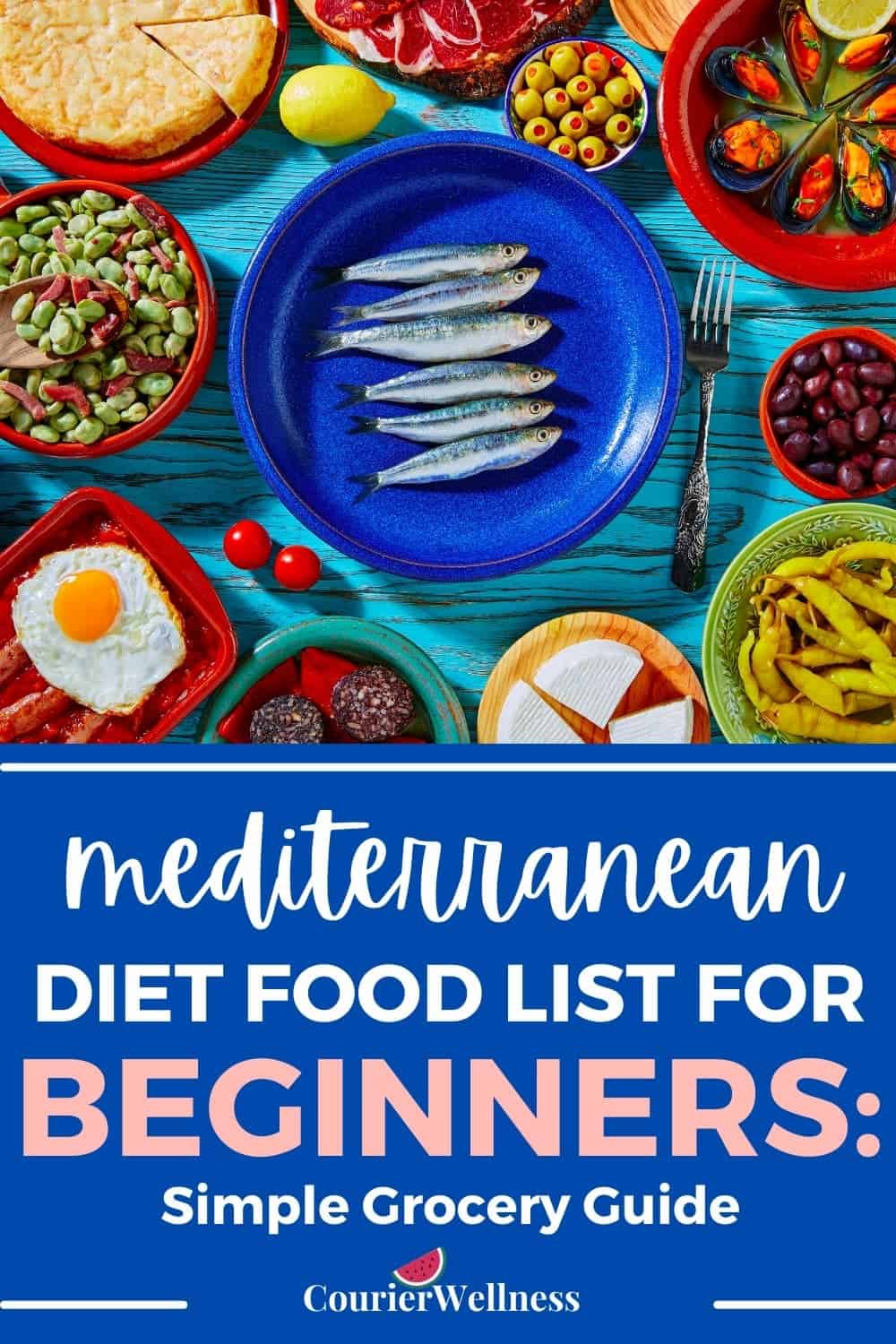 Variety of tapas including sardines, olives, mussels, and cheese displayed on a blue surface, reflecting a Mediterranean diet food list.