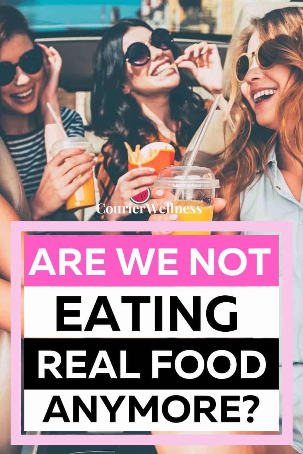 A close-up of friends eating burgers, fries, and drinking soda from a fast-food place, not realizing it is not real food.